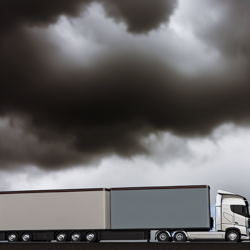 An illustration depicting a freight truck with trailers against a dull, cloudy background representing challenges in the freight market.