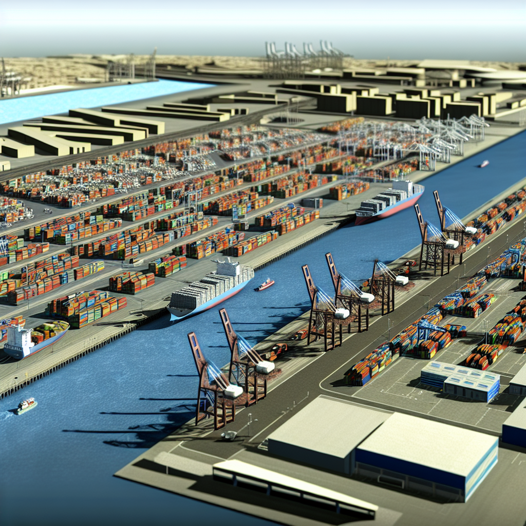 A visual representation of the Port of Montreal, highlighting its shipping containers, cranes, and waterway, capturing its infrastructure and expansion activities.