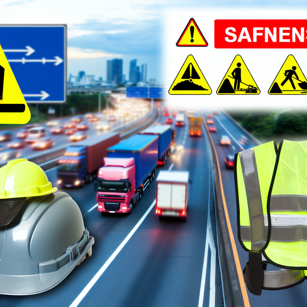 An image depicting road safety concerns in trucking, illustrating various safety issues such as an accident scenario with trucks, warning signs, and reflective safety gear. The background shows a busy highway, emphasizing the importance of safety compliance in the industry.