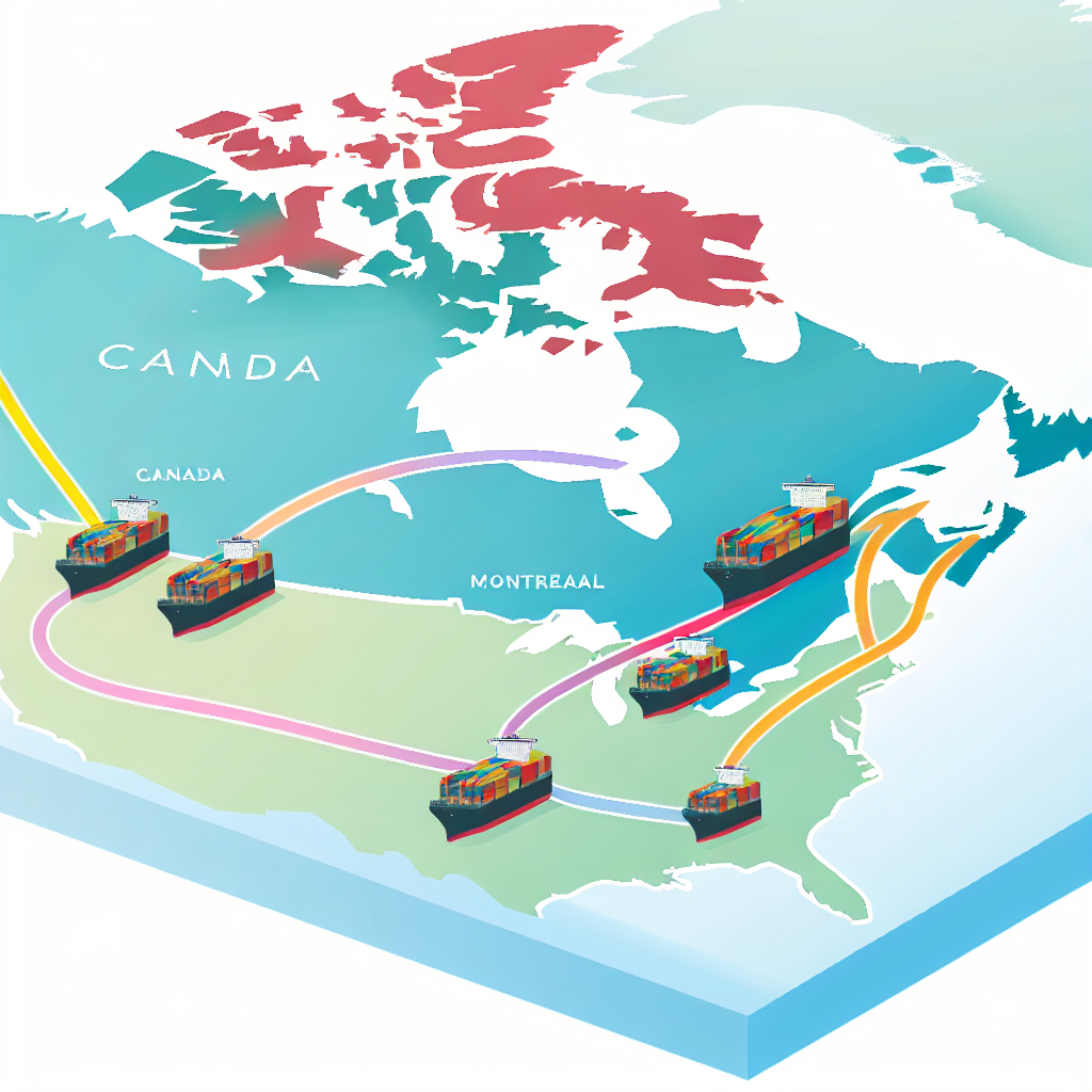 A visual representation illustrating trade routes related to the Port of Montreal and the wider Canadian trade landscape, showcasing contours of shipping lanes and connections without text.