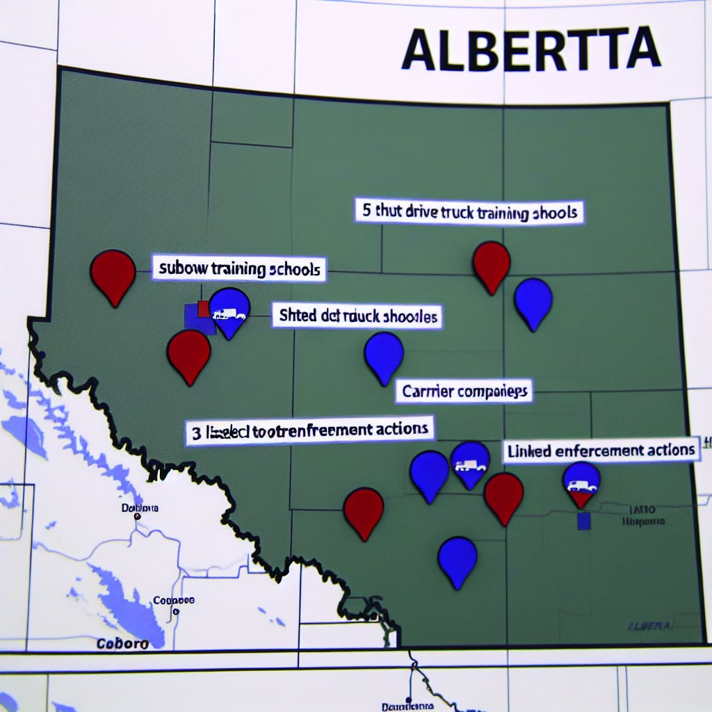 Map of Alberta highlighting locations of shut down truck driver training schools and carrier companies