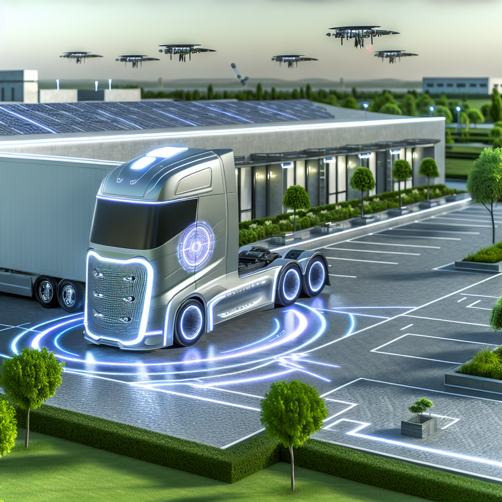 A futuristic truck at a modern logistics hub symbolizing progress and innovation in the trucking industry
