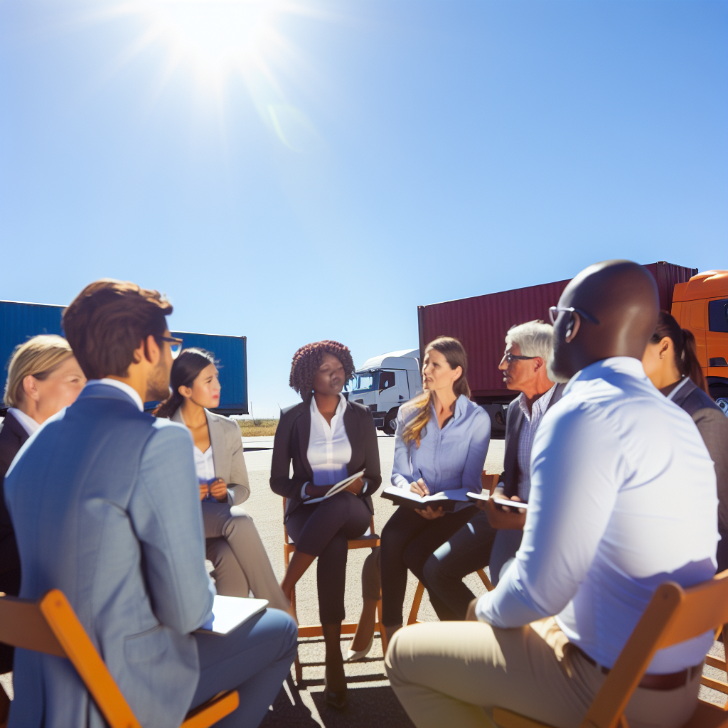 A logistics meeting taking place outdoors with trucks in the background, featuring diverse professionals engaged in discussion.