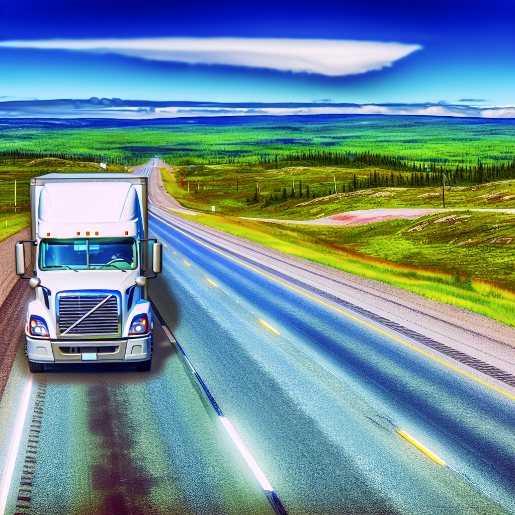 A truck driving on a North American highway with green landscapes and clear blue skies