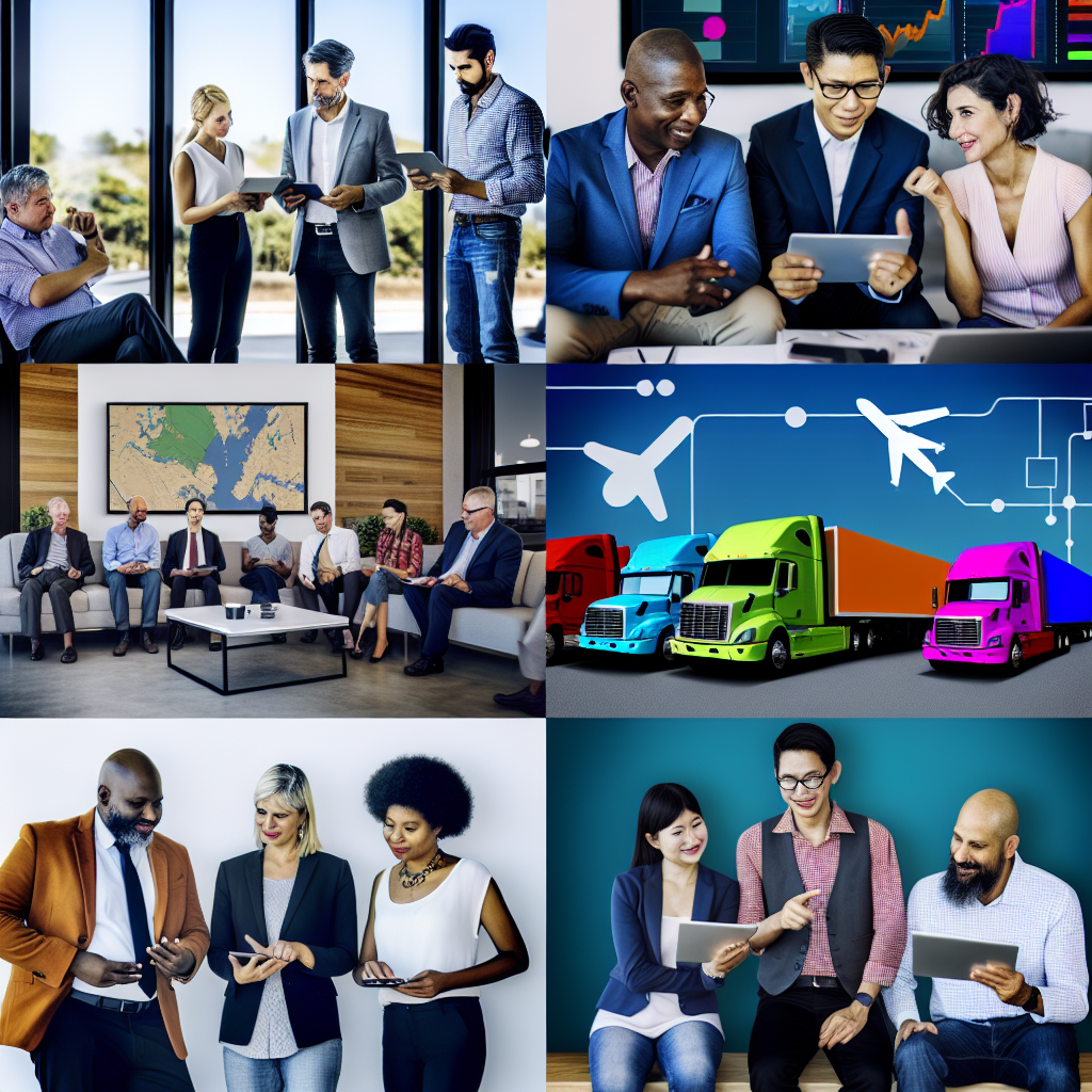 An image depicting diverse trucking professionals engaged in a workspace, symbolizing collaboration and adaptation to new technologies in the industry.