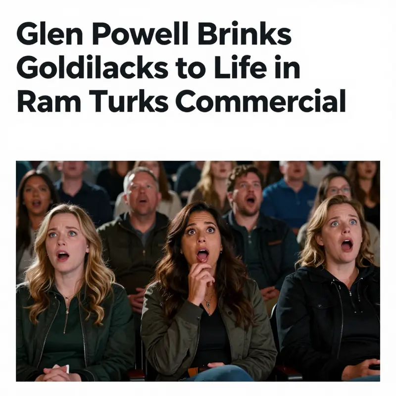 Glen Powell as Goldilocks promoting the innovative Ram Truck in a whimsical forest backdrop.