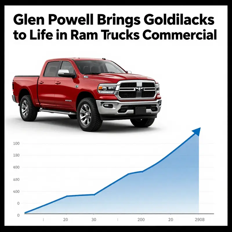 Glen Powell as Goldilocks promoting the innovative Ram Truck in a whimsical forest backdrop.