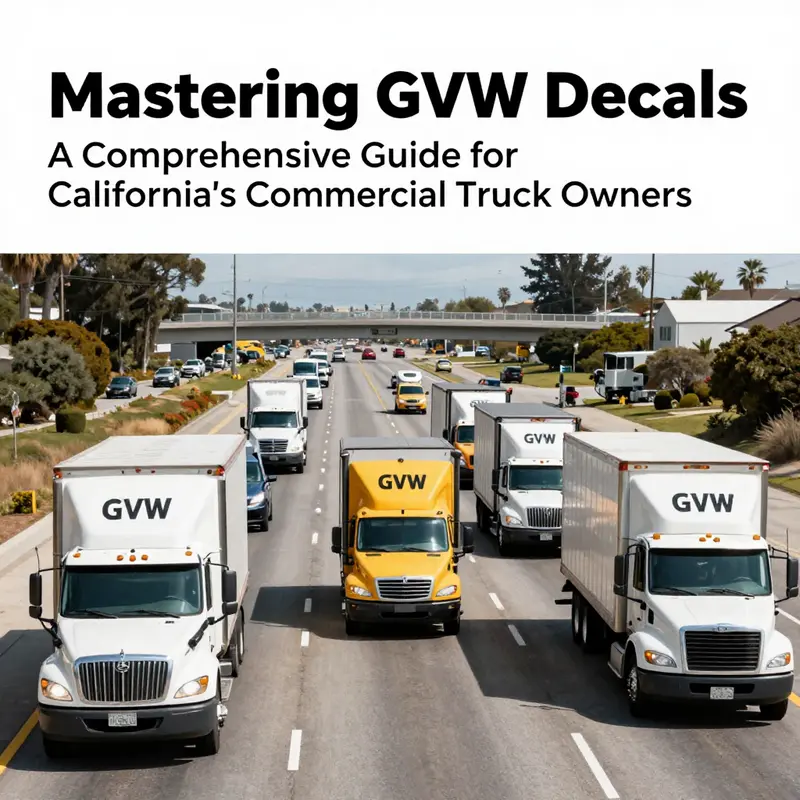 A busy California highway showcasing commercial trucks with visible GVW decals.