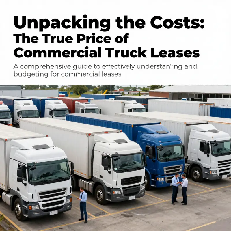 A busy commercial truck dealership with various trucks and people discussing leasing options.