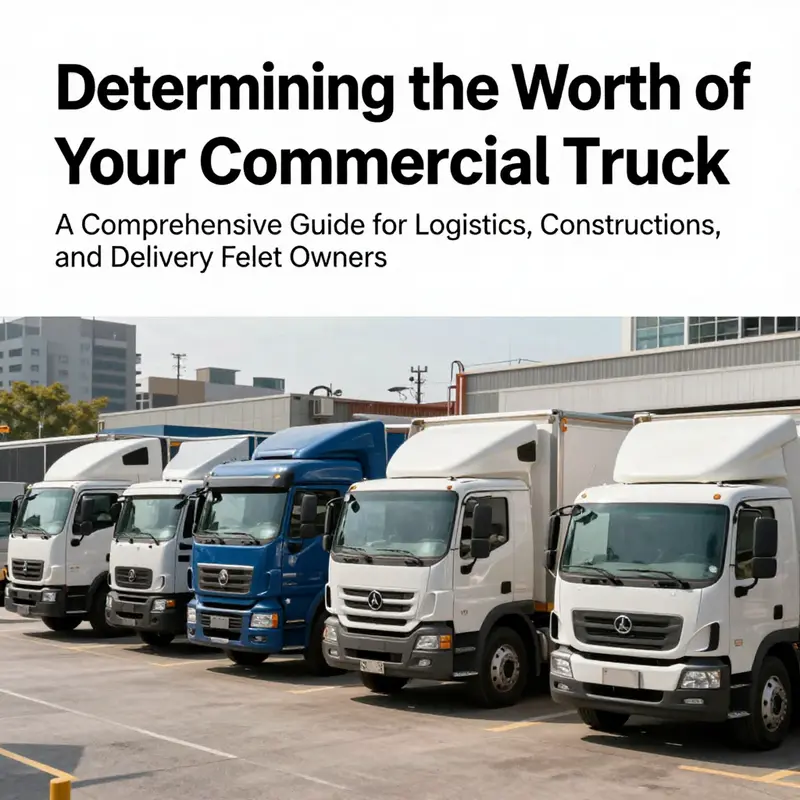 Diverse commercial trucks lined up against an urban landscape, symbolizing asset valuation in the transportation sector.