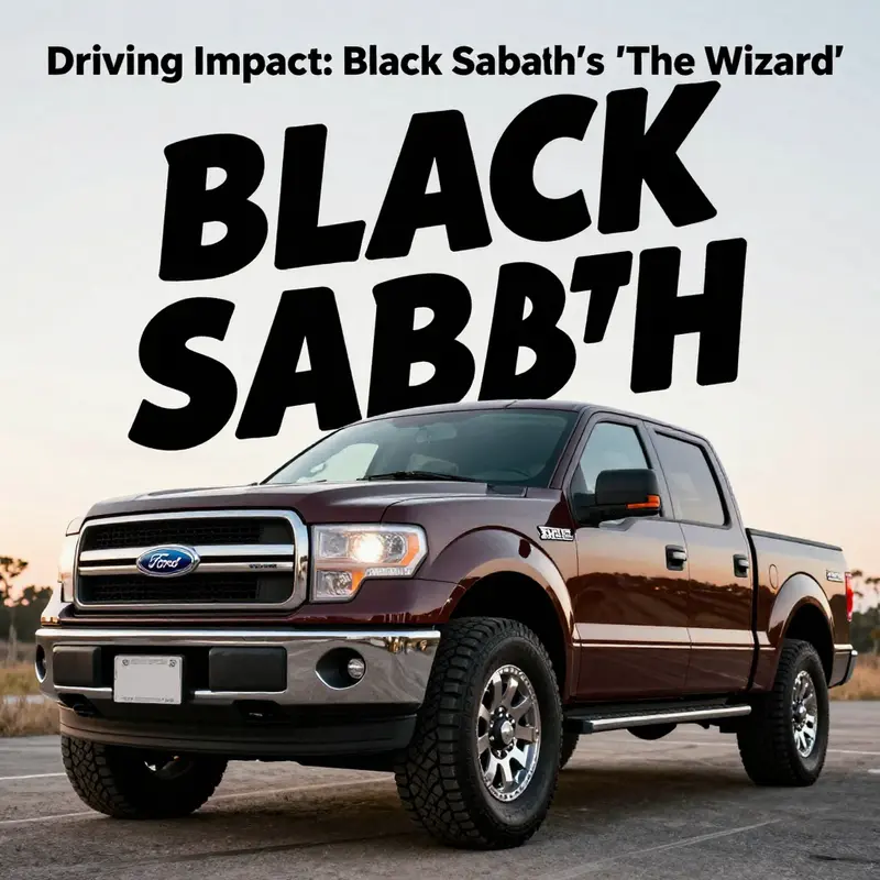 A Ford F-150 truck pictured in a scenic outdoor landscape with Black Sabbath's logo prominently displayed, illustrating the theme of powerful advertising through music.