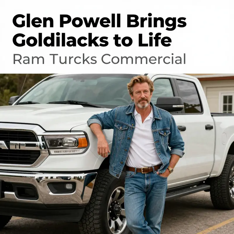 Glen Powell as Goldilocks promoting the innovative Ram Truck in a whimsical forest backdrop.