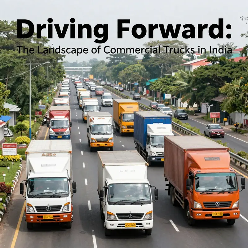 A diverse array of commercial trucks on an Indian highway, symbolizing the thriving market trends.