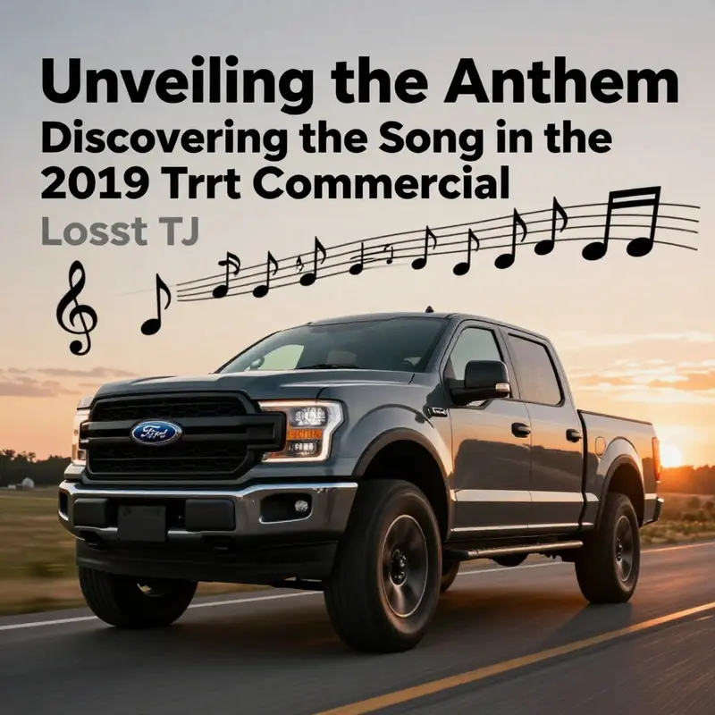 A 2019 Ford truck driving against a sunset with musical notes, representing the song that defines its commercial.