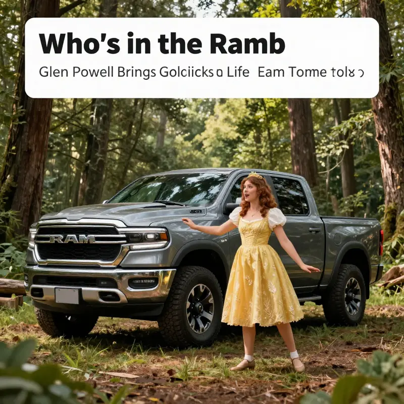 Glen Powell as Goldilocks promoting the innovative Ram Truck in a whimsical forest backdrop.