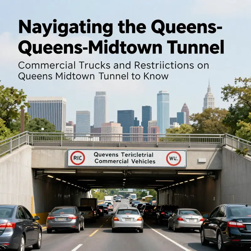 Queens-Midtown Tunnel entrance showcasing restrictions for commercial vehicle access.