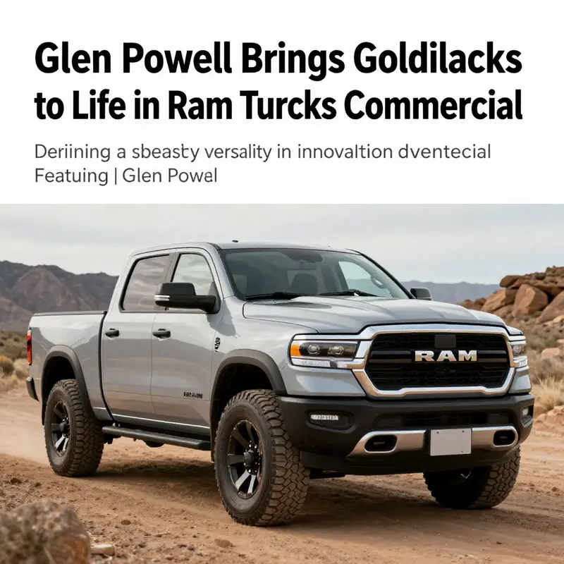 Glen Powell as Goldilocks promoting the innovative Ram Truck in a whimsical forest backdrop.
