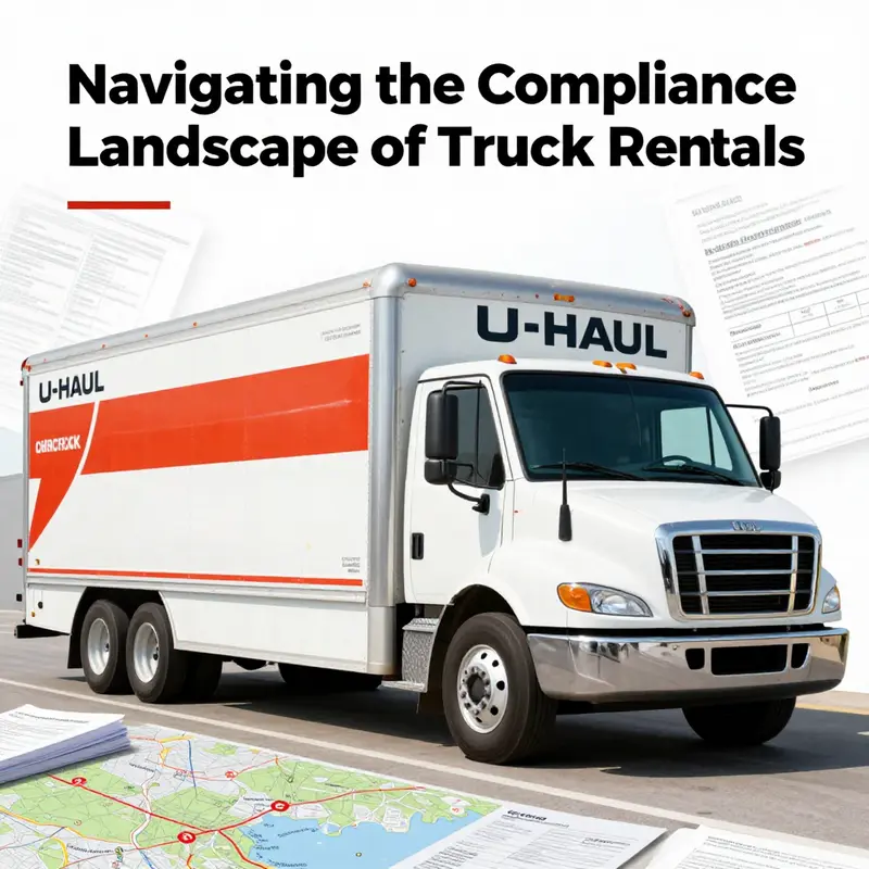 A U-Haul truck driving through a scenic landscape, accompanied by documents related to vehicle compliance and logistics.