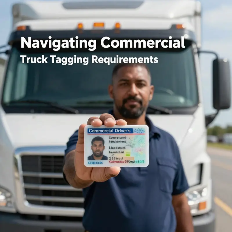 A truck by a GVWR scale emphasizing the weight criteria for commercial tagging.