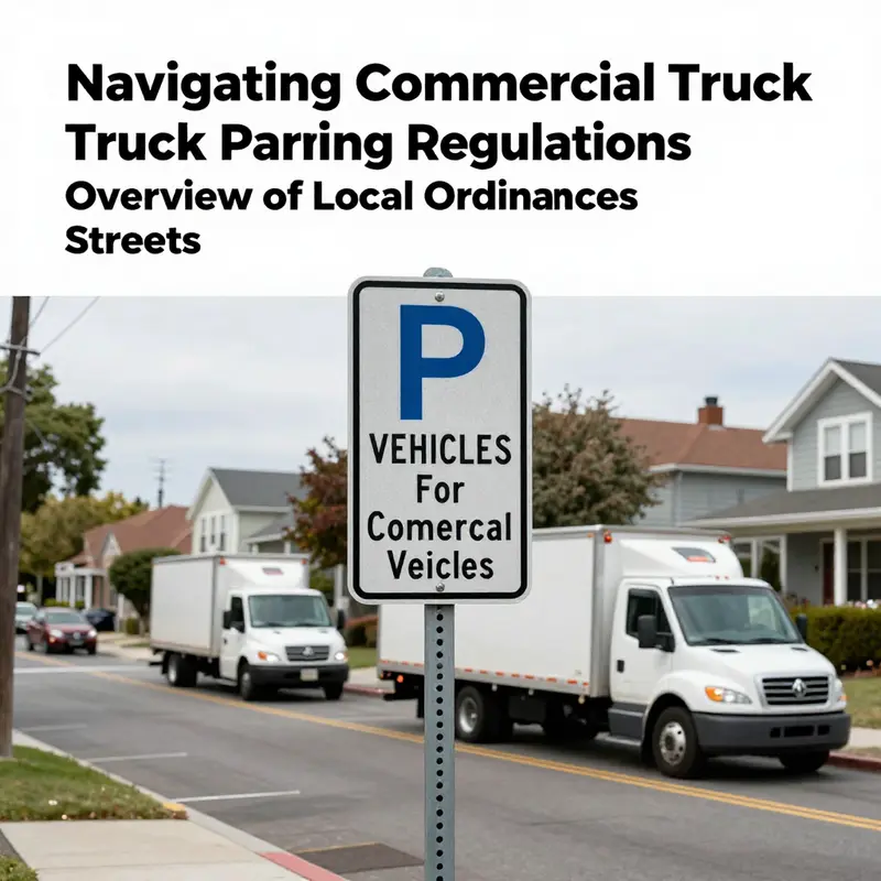 Street sign outlining regulations for commercial truck parking amidst residential areas.