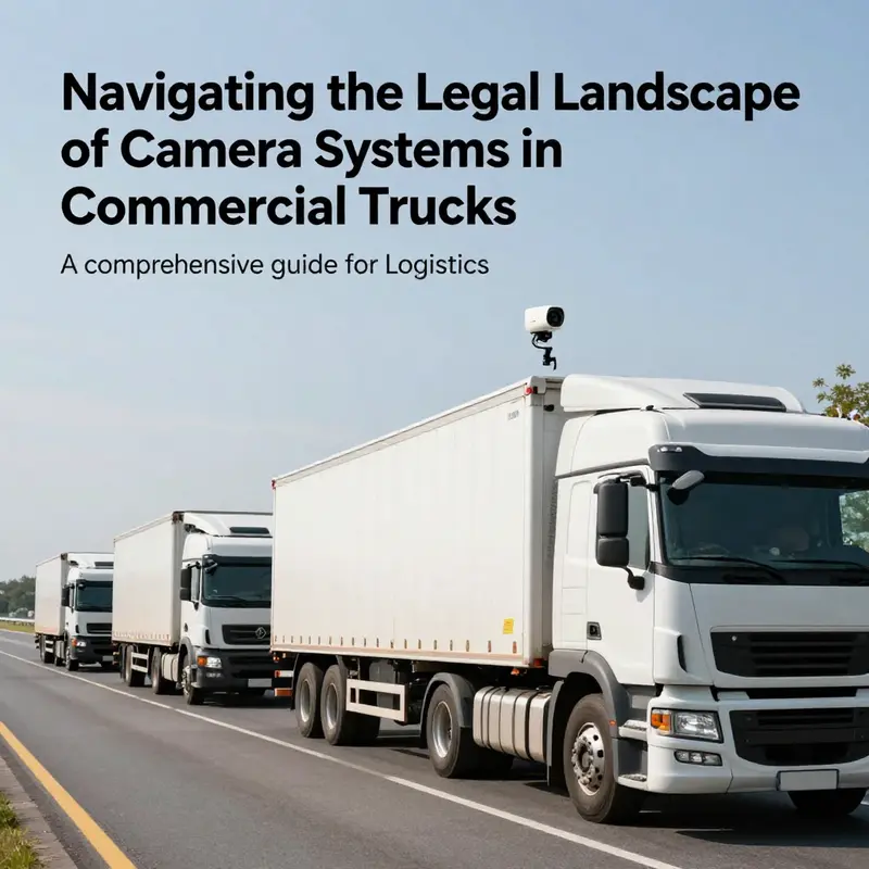A line of commercial trucks on a highway, featuring installed camera systems, illustrating modern transportation technology.