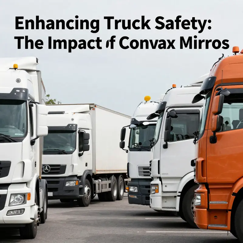 Panoramic view of multiple commercial trucks on a road highlighting their convex mirrors for enhanced driver safety.