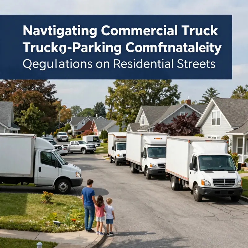 Street sign outlining regulations for commercial truck parking amidst residential areas.