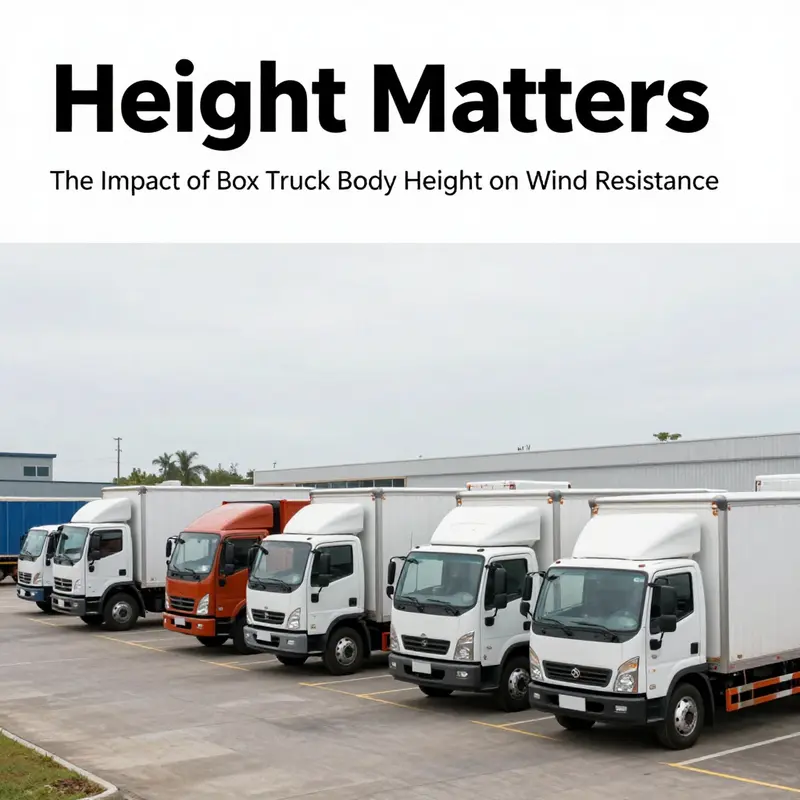 A lineup of commercial box trucks at a logistics center, showcasing different heights affecting wind resistance.