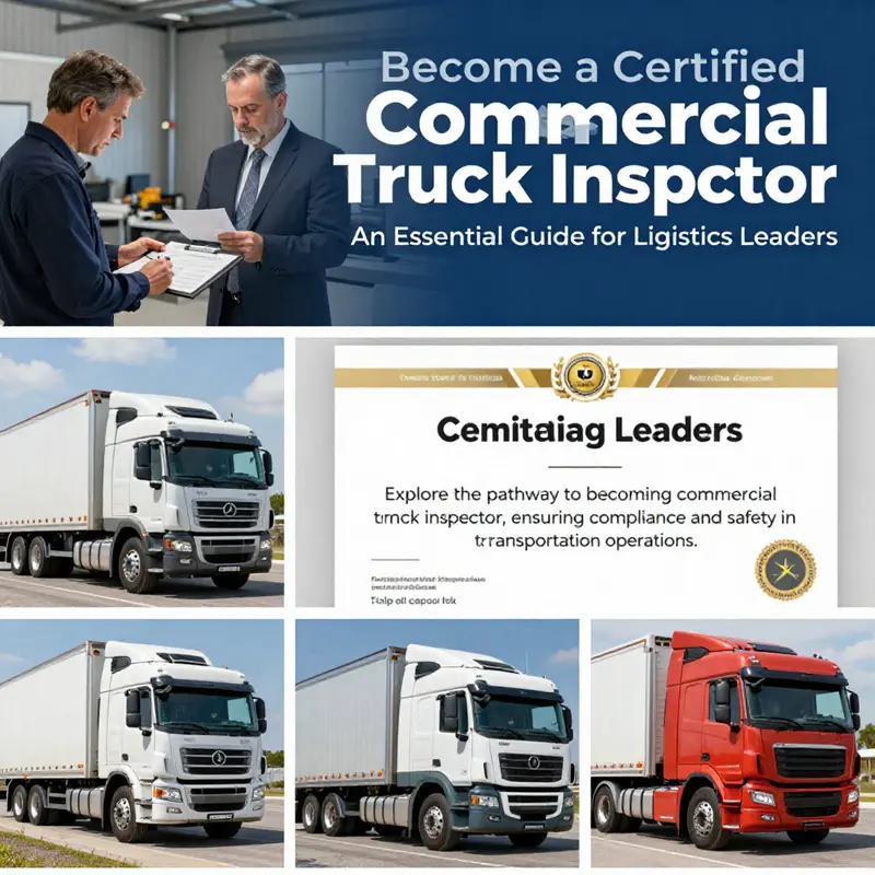 A collage showcasing the various elements involved in becoming a commercial truck inspector, emphasizing professionalism and training.