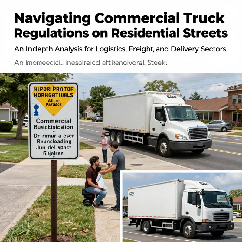 A composite image reflecting the various aspects of commercial truck parking regulations, including signs and neighborhood interactions.