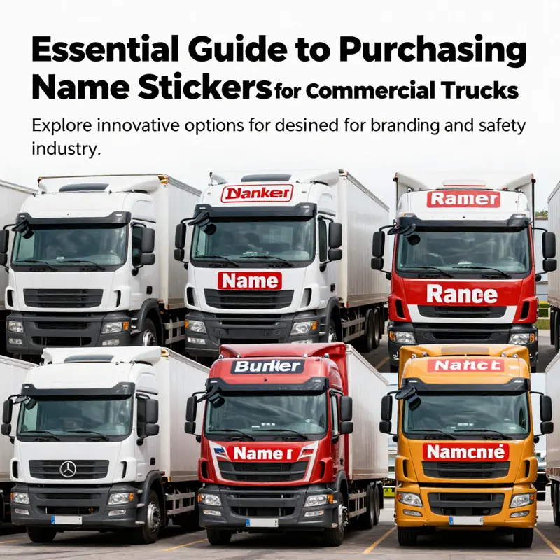 A montage of commercial trucks with name stickers prominently displayed, showcasing branding and safety.