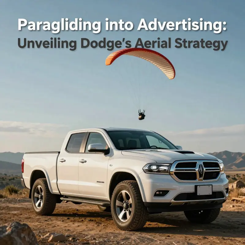 A Dodge truck in a rugged environment with paragliders flying above, symbolizing innovative advertising.