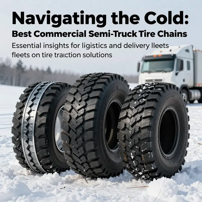 Various high-performance tire chains displayed on snow-covered ground, showcasing their necessity for semi-trucks.
