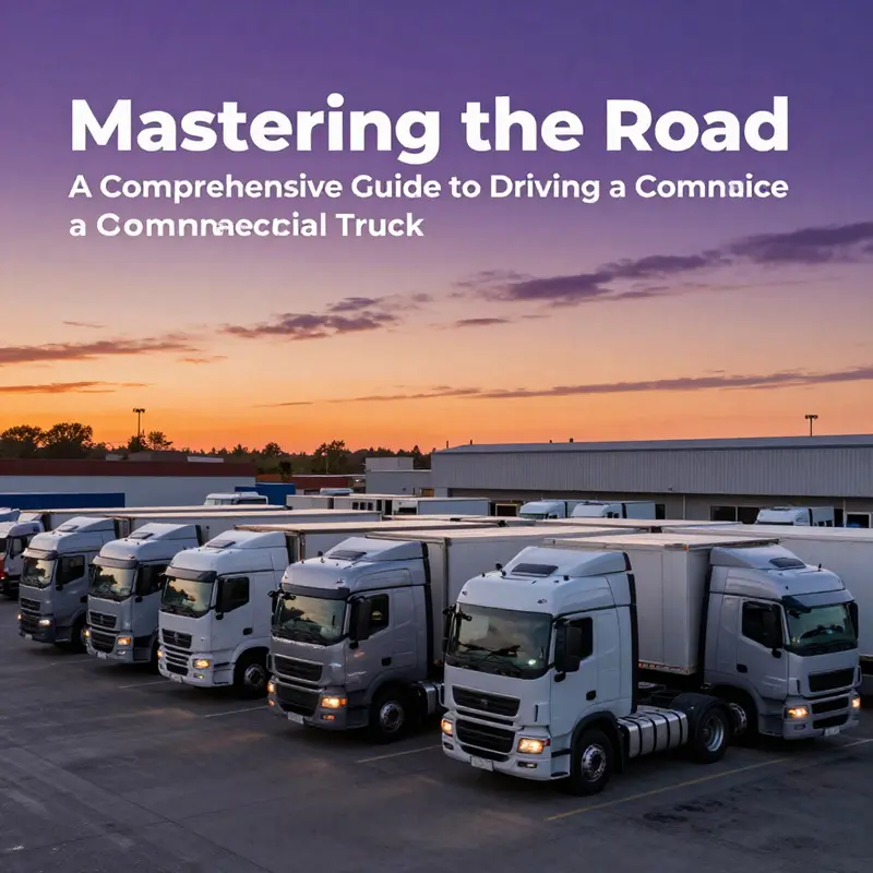 A sunset view of a fleet of commercial trucks in a logistics center, representing preparedness and professionalism.