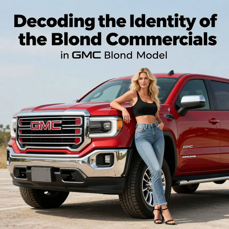 The blond model stands beside a GMC truck, embodying the brand’s values of strength and modernity.