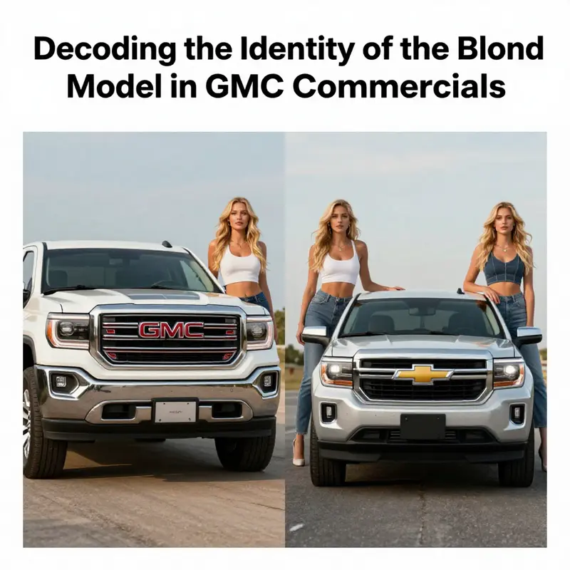 The blond model stands beside a GMC truck, embodying the brand’s values of strength and modernity.