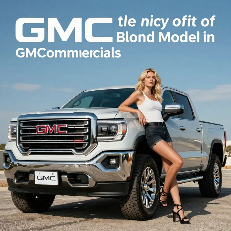 A blond model leaning on a GMC truck against a vibrant sky, symbolizing strength and style.