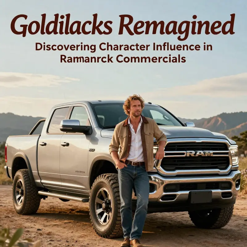 Glen Powell portrayed as Goldilocks next to a striking Ram truck, illustrating the blend of fairy tale whimsy and vehicle strength.