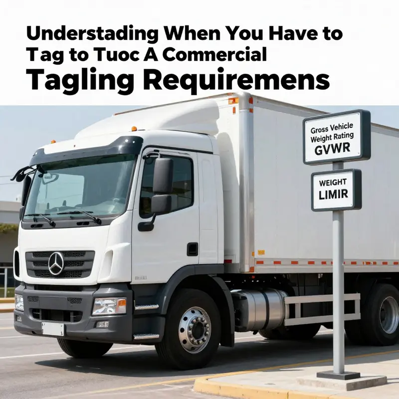A truck by a GVWR scale emphasizing the weight criteria for commercial tagging.