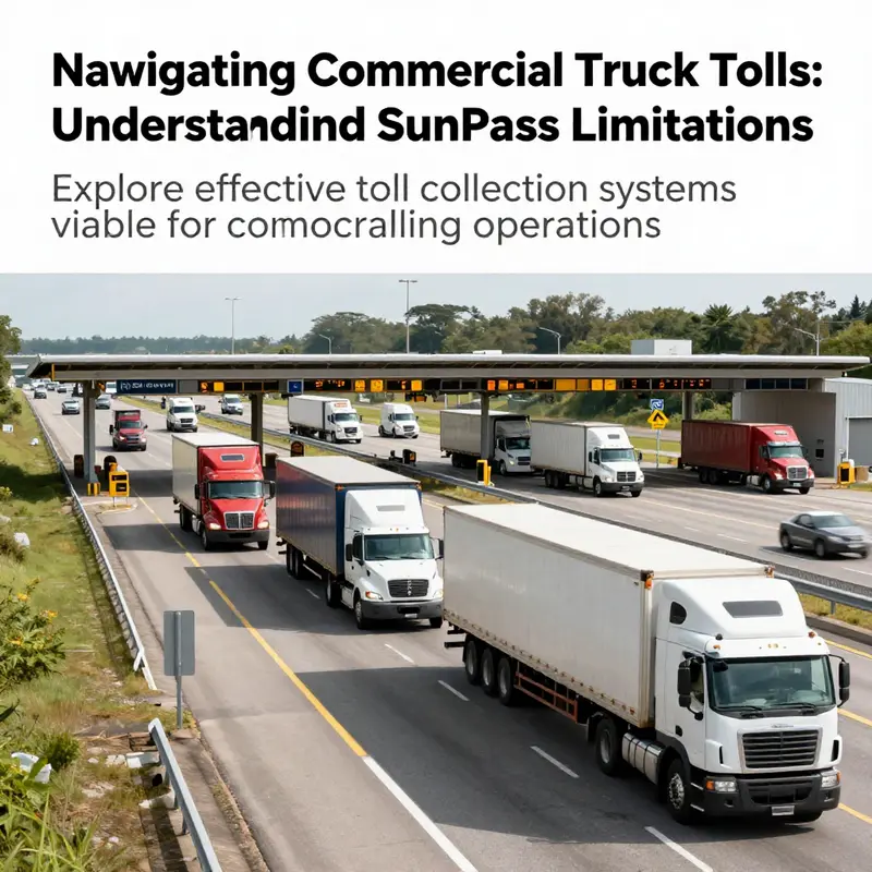 A busy highway showcasing a variety of commercial trucks navigating toll roads.