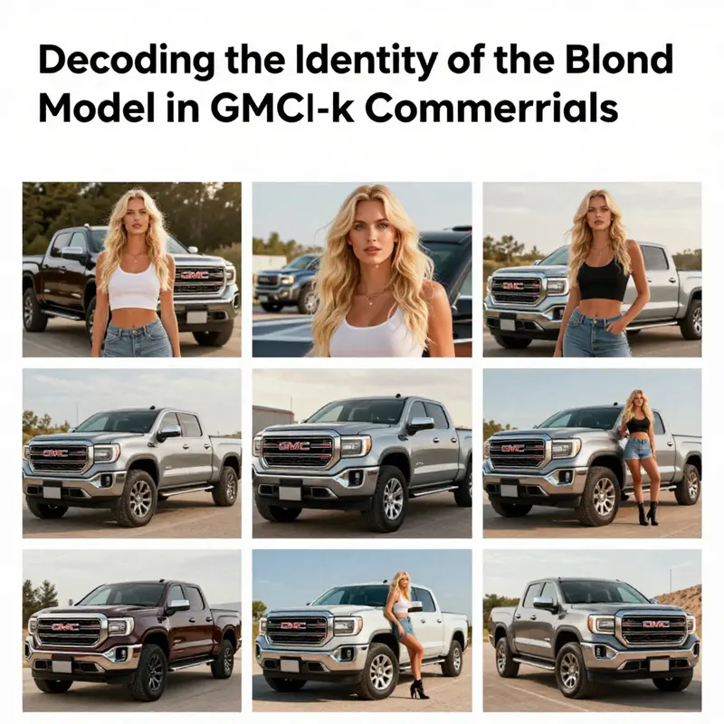 The blond model stands beside a GMC truck, embodying the brand’s values of strength and modernity.