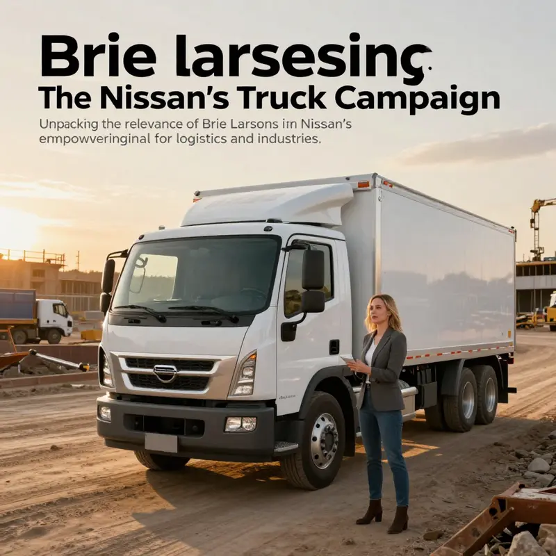 A panoramic view of Brie Larson on a construction site with a Nissan truck against a sunset backdrop.