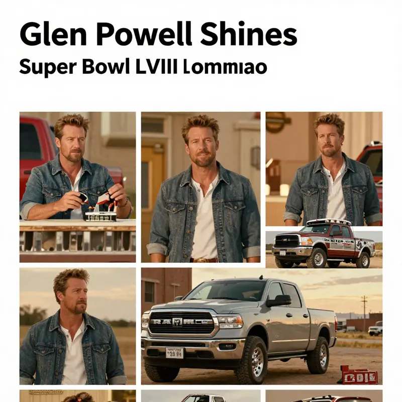 A visual collage featuring Glen Powell and nostalgic elements from the Ram Truck Super Bowl advertisement.