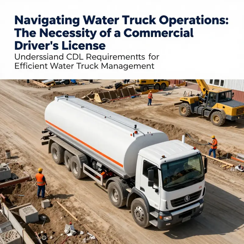 Aerial view of a water truck at a construction site with workers and machinery.