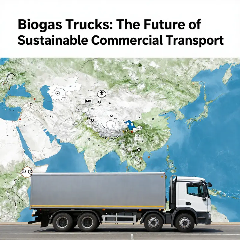 An illustration of a biogas facility demonstrating the conversion of waste to biogas for trucking applications.