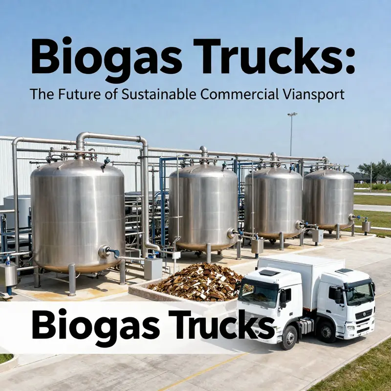 An illustration of a biogas facility demonstrating the conversion of waste to biogas for trucking applications.