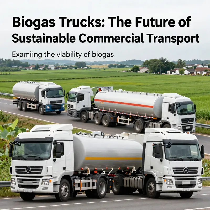 A scenic view of biogas trucks driving through green landscapes, representing sustainable transportation.