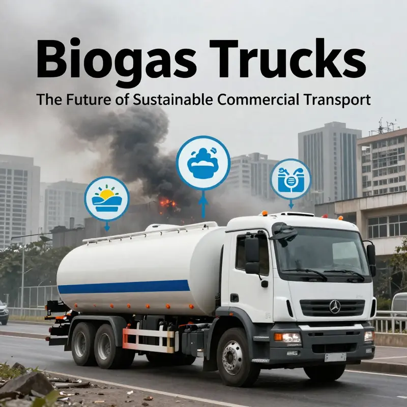 An illustration of a biogas facility demonstrating the conversion of waste to biogas for trucking applications.
