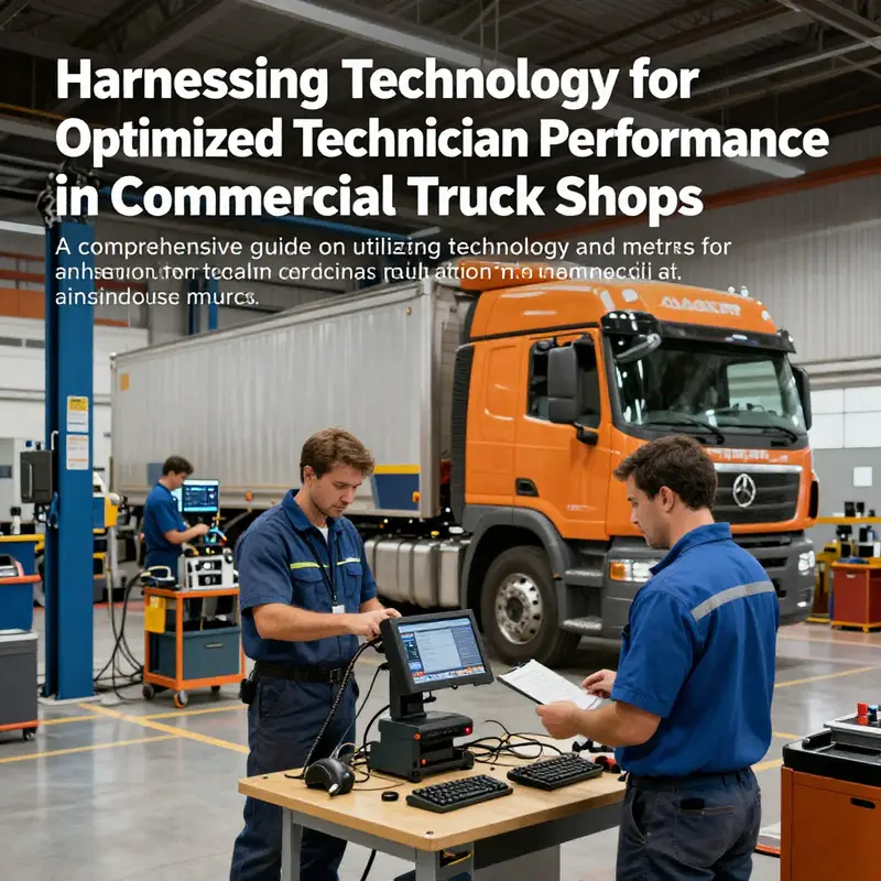 A busy truck maintenance shop illustrating the integration of technology in technician performance tracking.