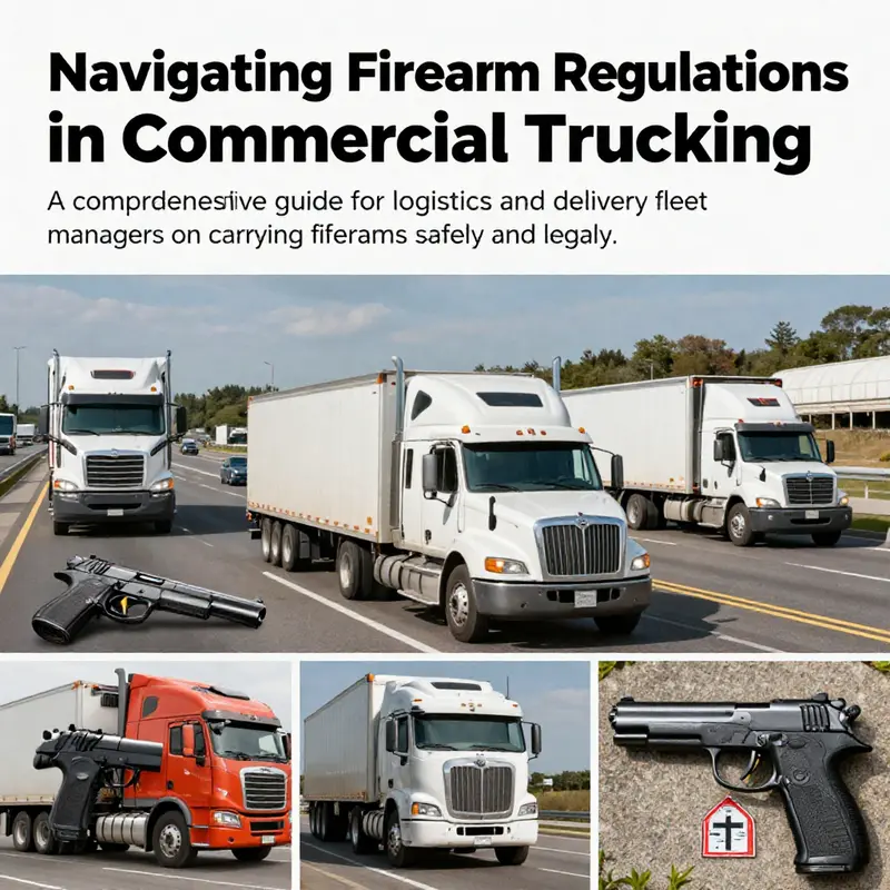 A collage showing trucks, firearms, and regulations in a commercial trucking context.
